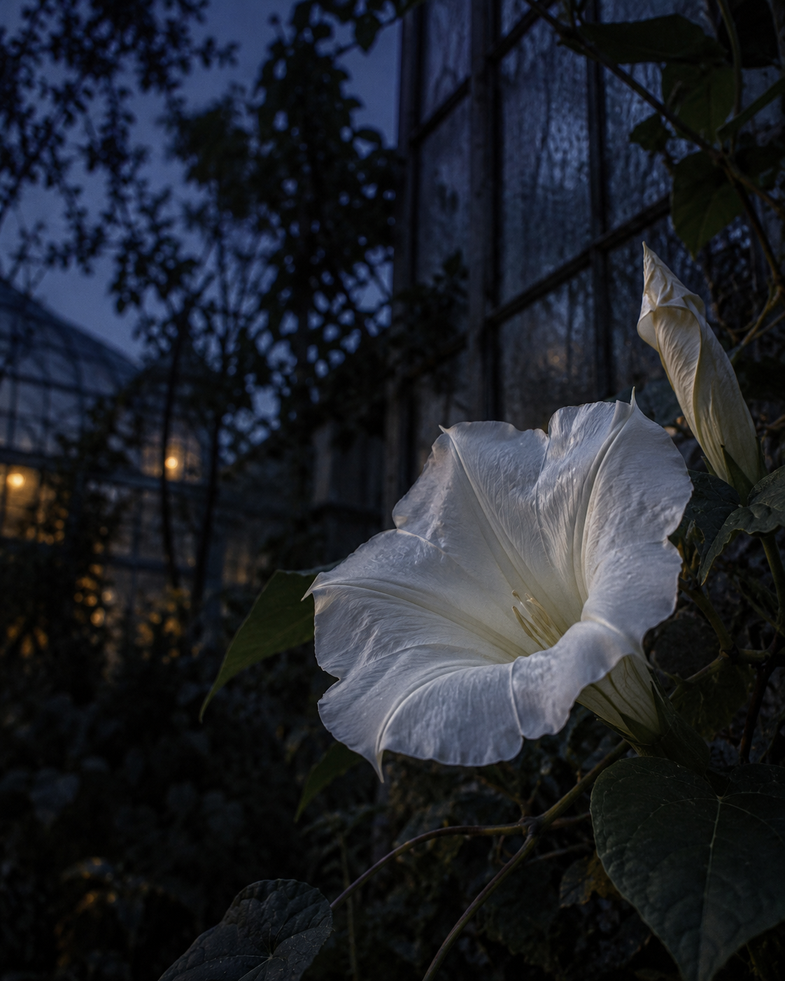White moonflower opening beside greenhouse glass at blue hour