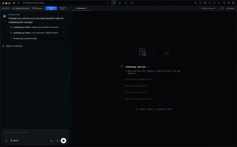 ProductOS research agent scanning sources and analyzing competitors